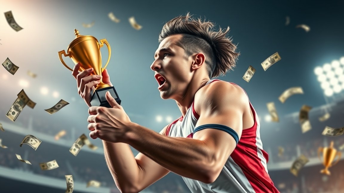 Sportoló arany kupával, háttérben pénzérmék a győzelemért.