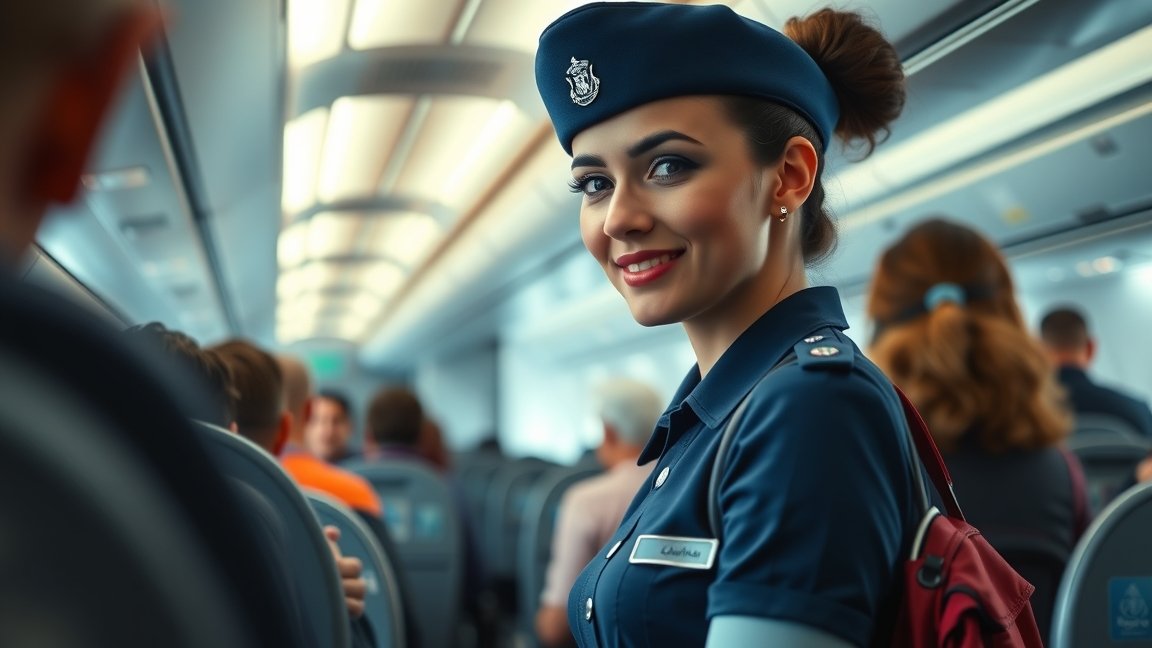 Stewardess az utasok között az utasításokra várva