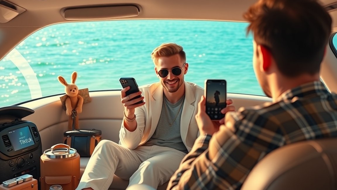 TikTok készítők interakciója a víz partján, telefonokkal a kezükben.