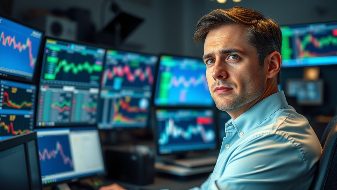 Férfi trader a tőzsdén, monitorok előtt, grafikonokkal