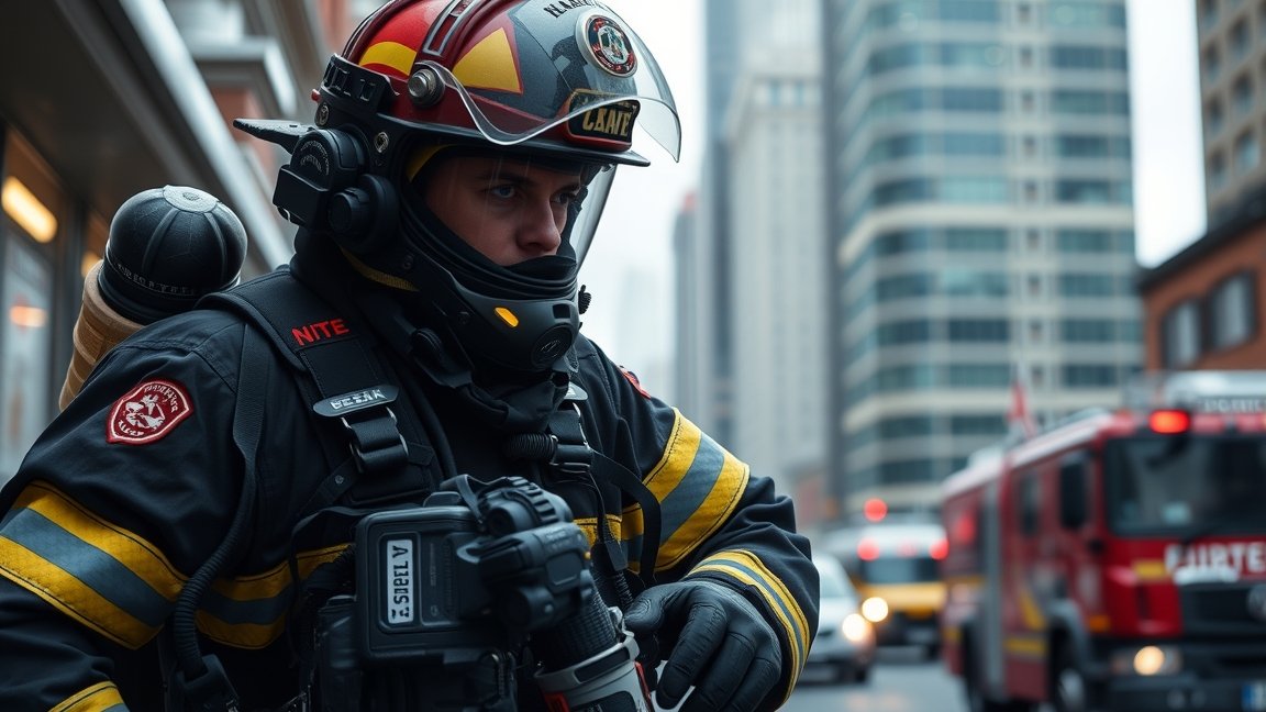 Tűzoltó a városban, készen a bevetésre, modernebb öltözékben.