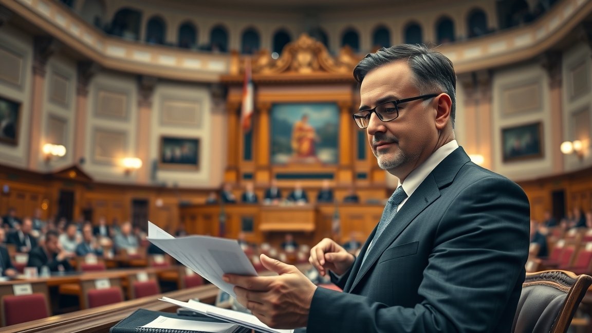 Országgyűlési képviselő a parlamentben, papírokkal a kezében.