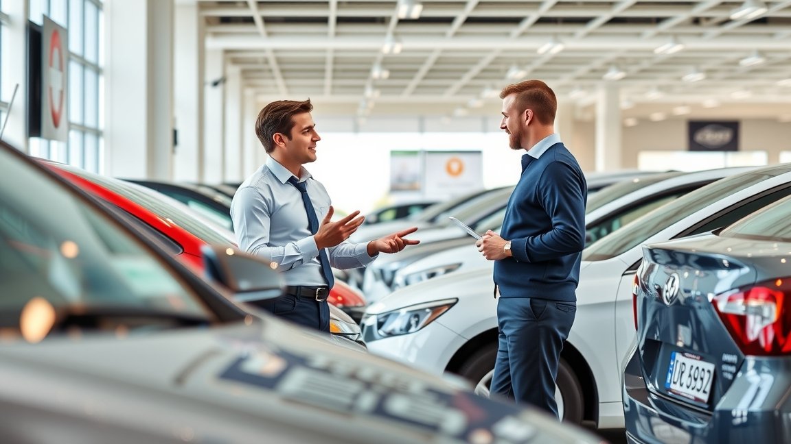 Két újautó-értékesítő beszélget a kereskedésben.