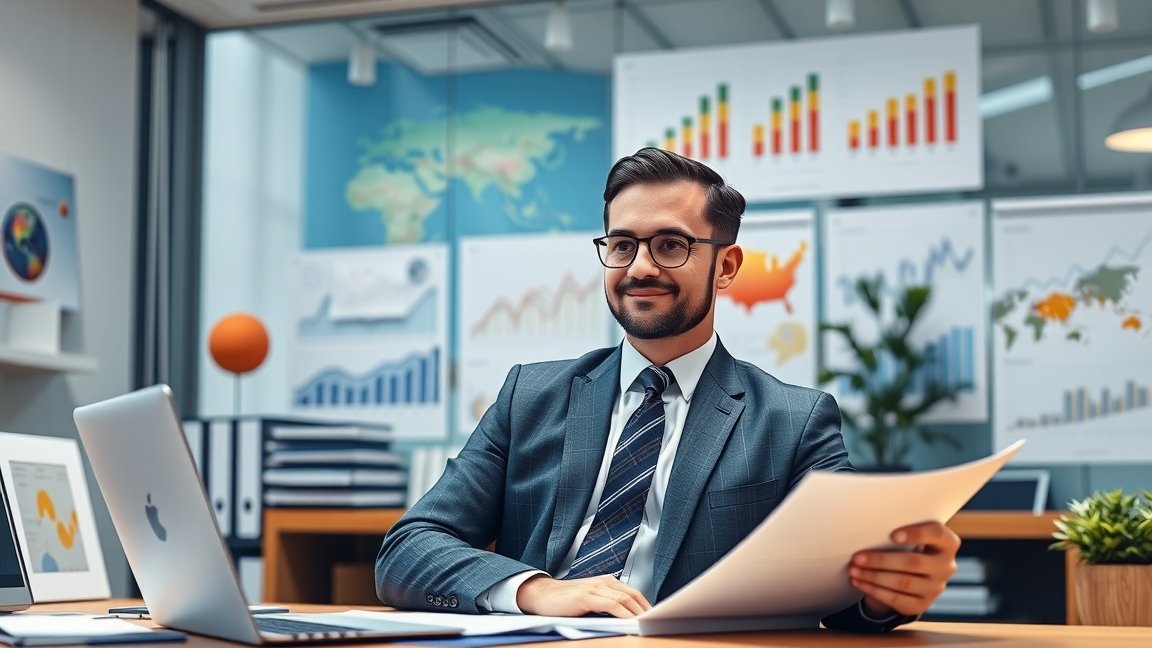 Univerzális tanácsadó az irodában, üzleti grafikonokkal