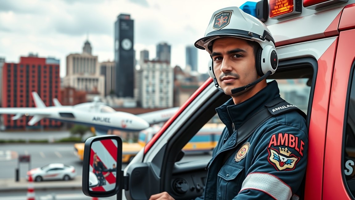 Mentősofőr a mentőautó mellett, városi háttérben.