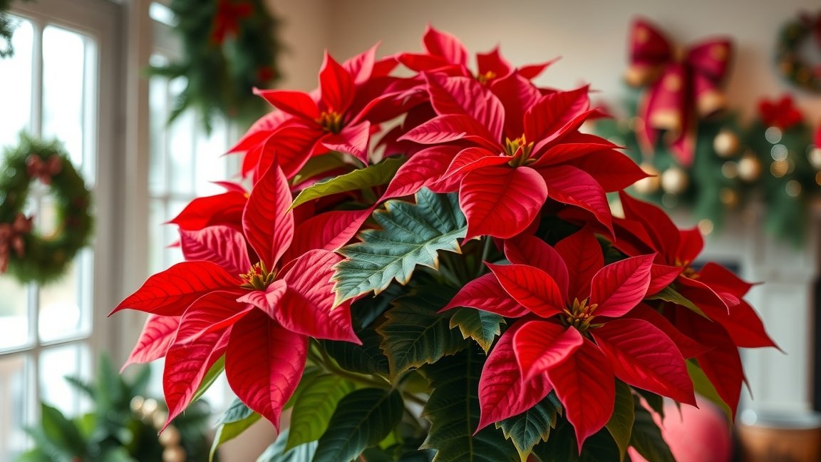 Mikulásvirág díszítéssel és karácsonyi hangulattal.