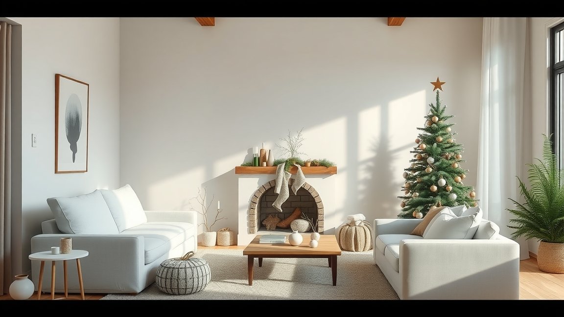 Minimalista karácsonyi dekoráció nappaliban.