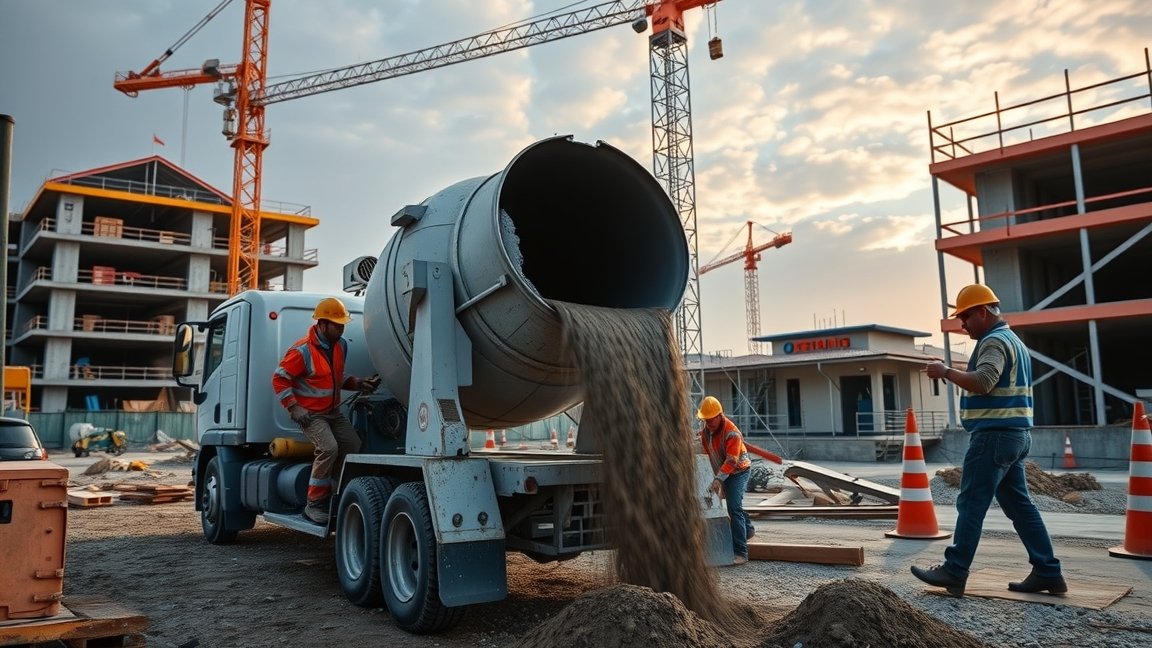 Mixerbeton szállítás építkezésen, munkások a helyszínen.