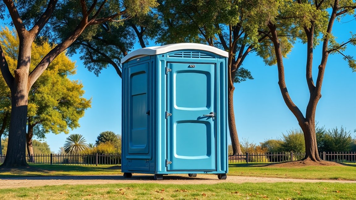 Mobil WC a zöld fák között egy szabadban lévő területen.
