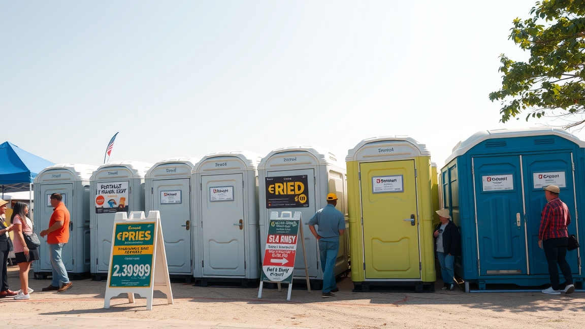 Mobil WC-k egy rendezvényen, bérlés iránt érdeklődőkkel