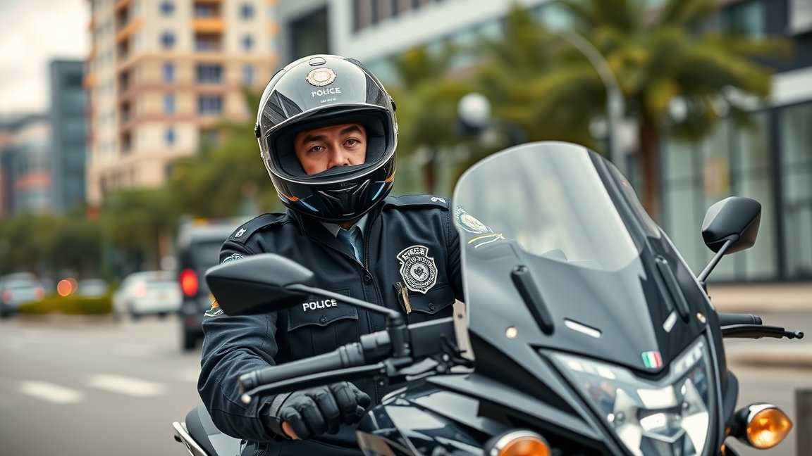 Motoros rendőr kerékpáron, rendőrségi egyenruhában, városi környezetben.