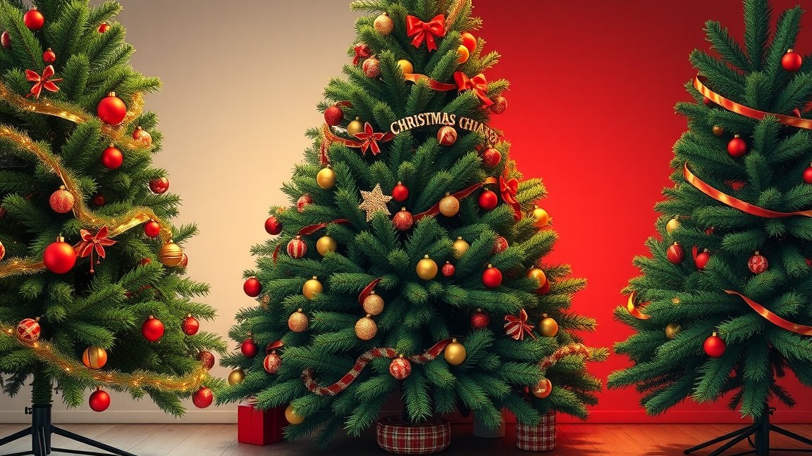 Karácsonyi műfenyők díszítve piros és arany dekorációval