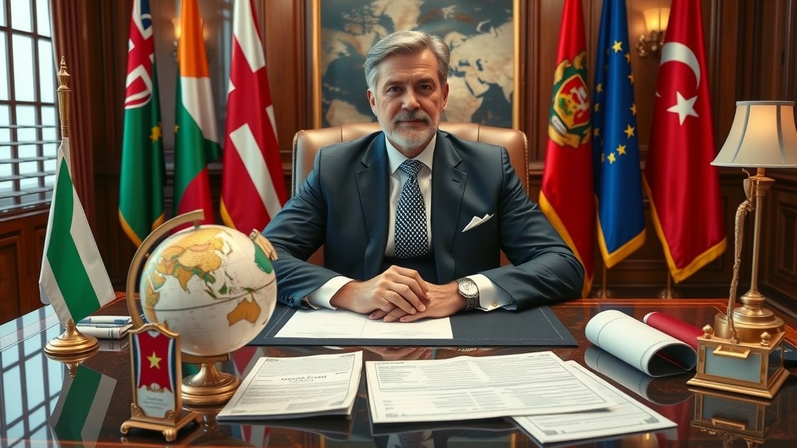 Diplomata nagykövet az íróasztalnál, nemzetközi zászlók között.