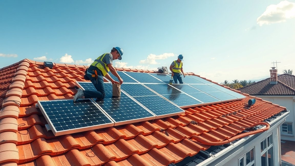 Két munkás napelemes tetőcserép telepítésén dolgozik egy házon.