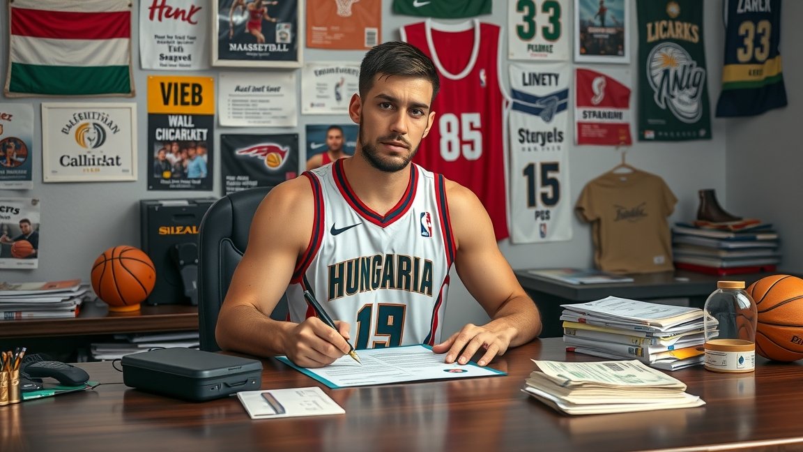 Egy kosárlabdázó ül az asztalnál, szerződést ír alá.