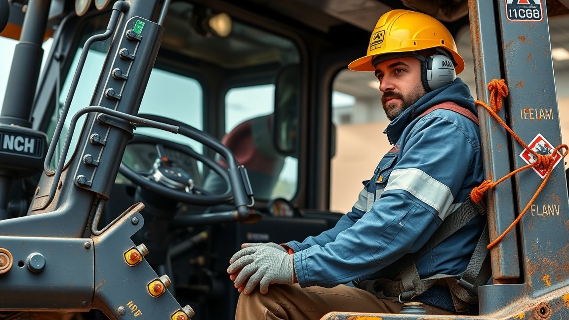 Nehézgépkezelő munkavégzés közben, egy modern építési gép mellett.