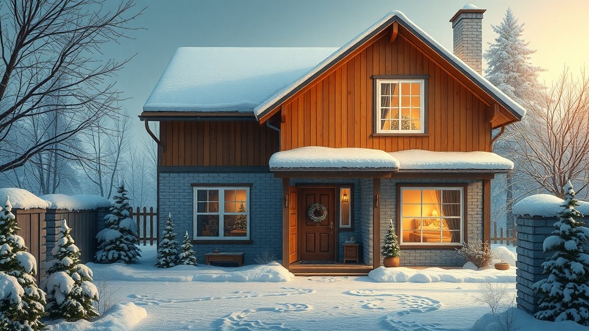 Téliesített nyaraló hóval borítva, kerti fenyőfákkal.