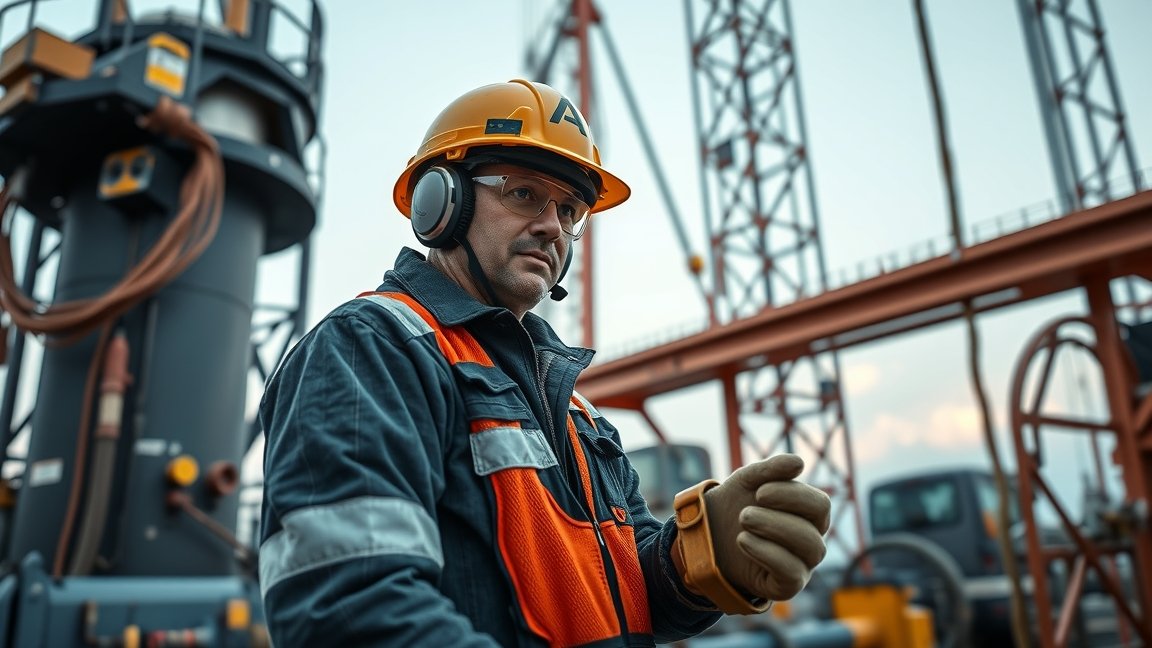 Olajfúró munkás védőfelszerelésben az olajipar területén.