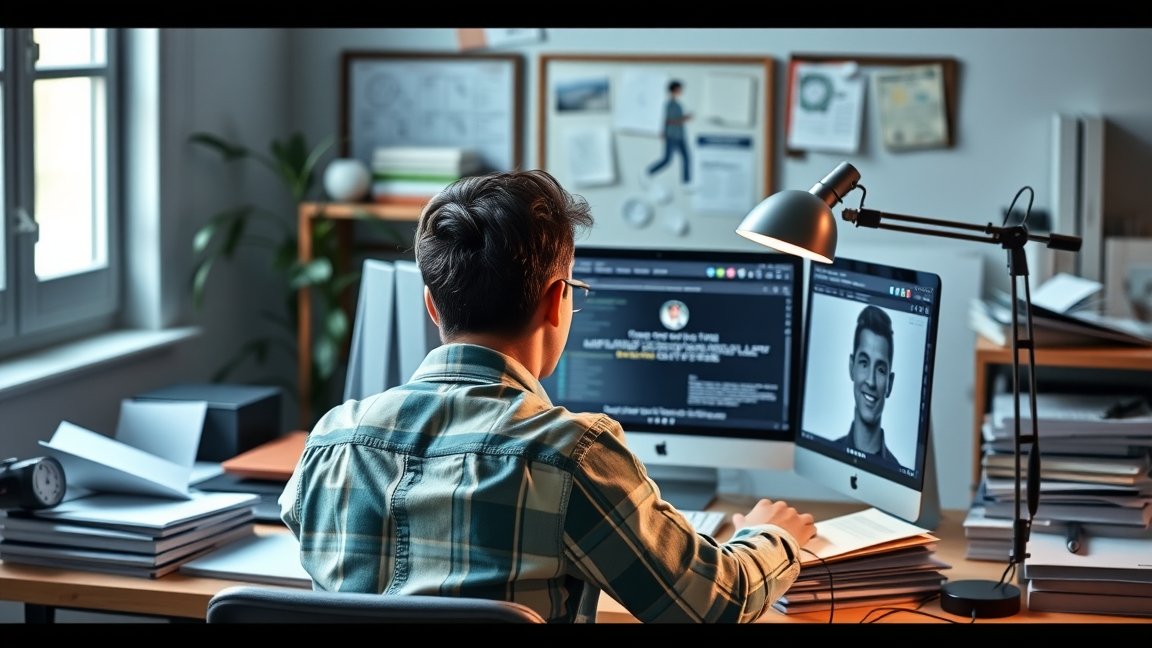 Fiatal férfi online kurzust tanulmányoz, számítógép előtt ülve.
