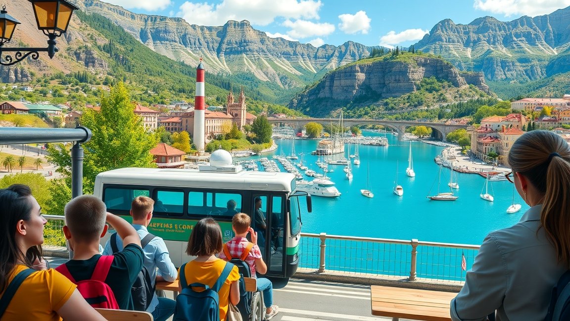 Osztálykirándulás gyönyörű helyszínen, gyerekek utaznak buszon.