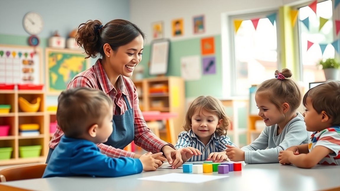 Óvodai dajka gyermekekkel játszik és tanít a tanteremben.