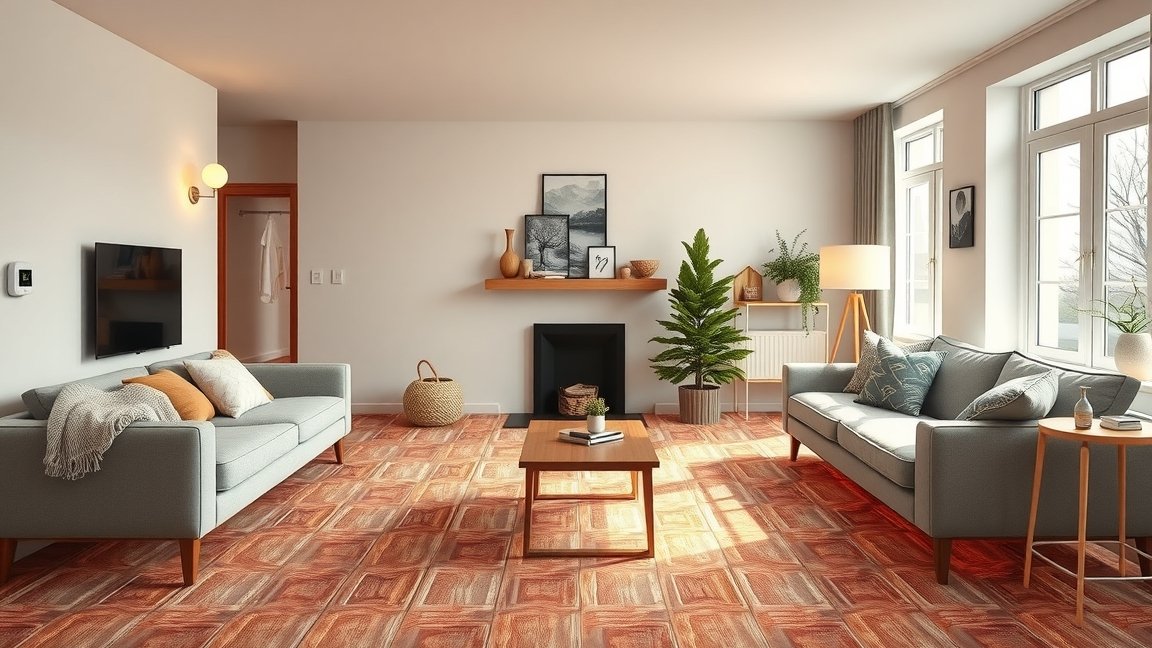 Modern nappali padlófűtéssel, kényelmes bútorokkal és világos ablakokkal.