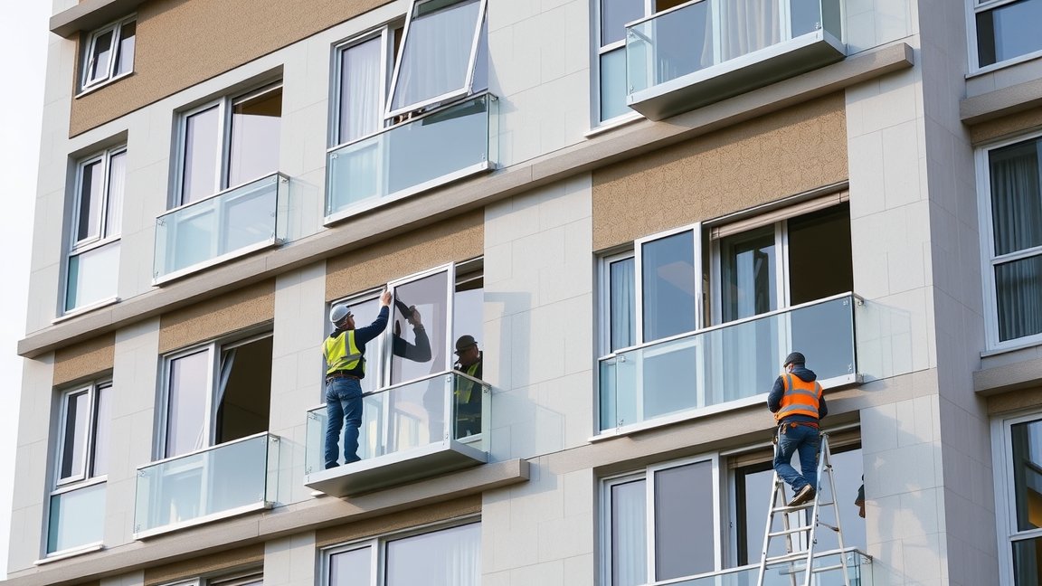 Panel ablakcserét végző szakemberek dolgoznak egy társasházon.