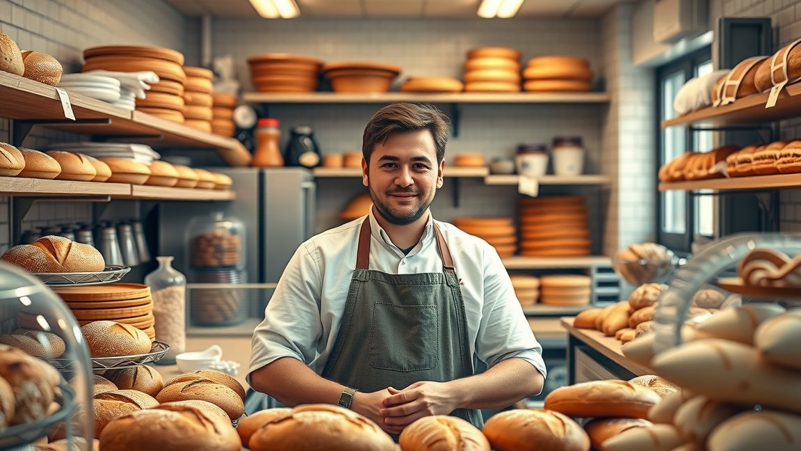 Pék a boltban, friss pékárúval