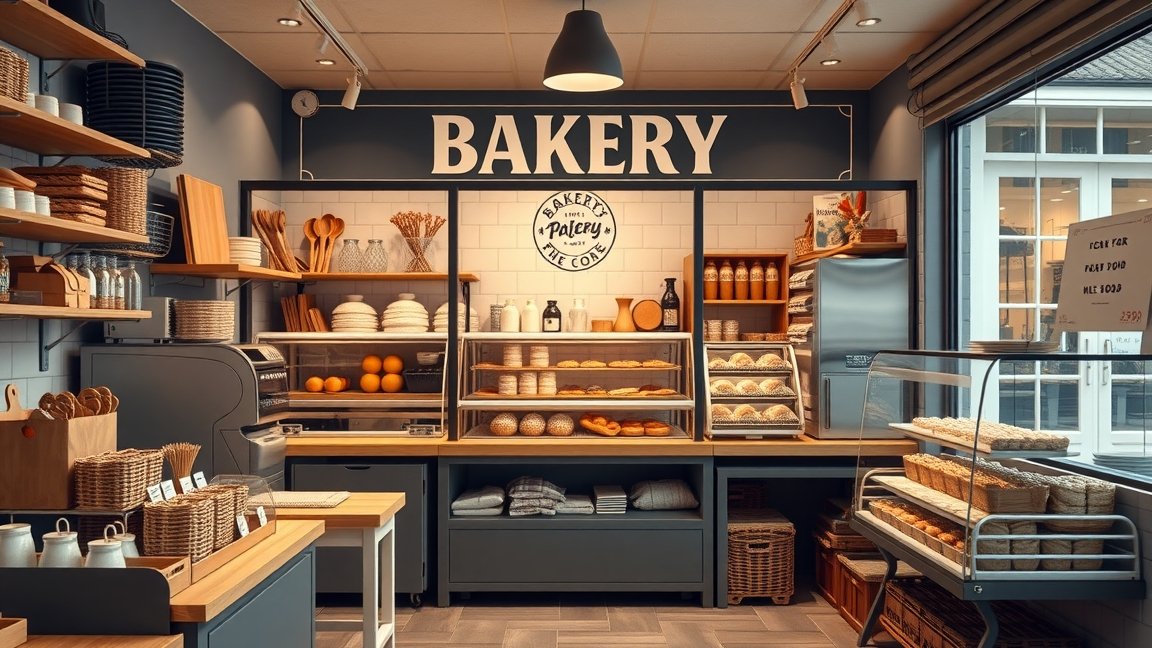 Modern pékség belső tér, friss péksütemények és áruk bemutatásával.