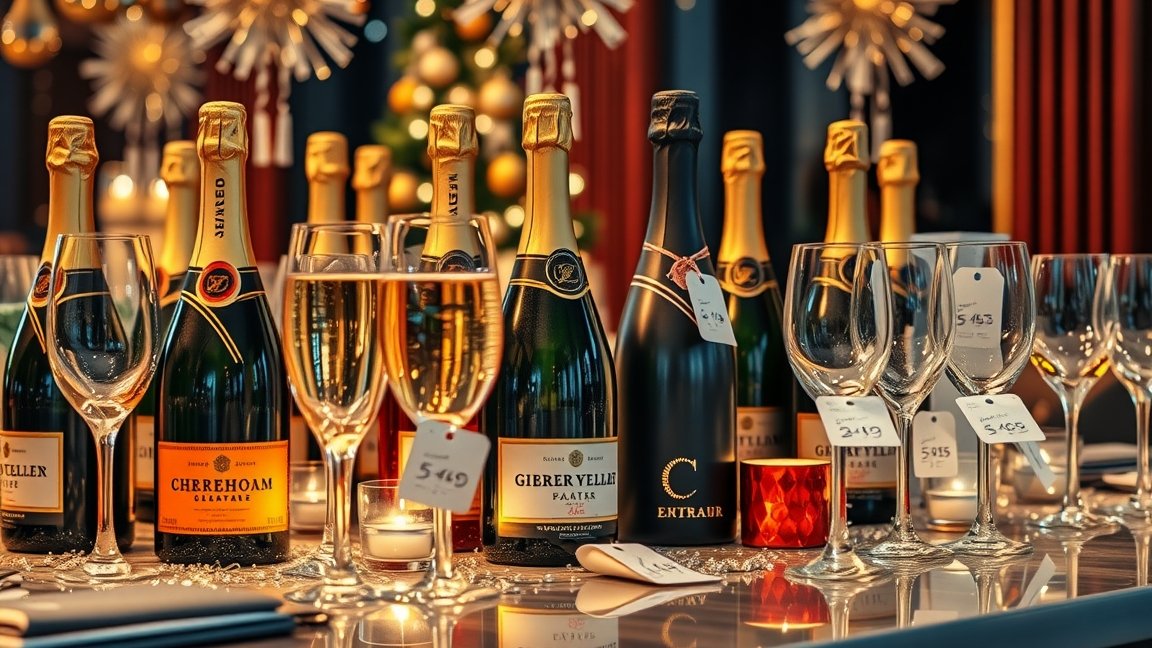 Pezsgők ünnepi asztalon szilveszterkor, különböző árakkal.