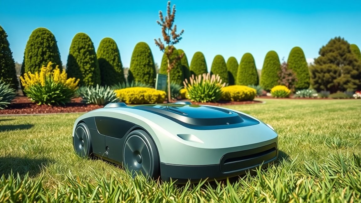 Modern robotfűnyíró a kertben, zöld fű és színes növények között