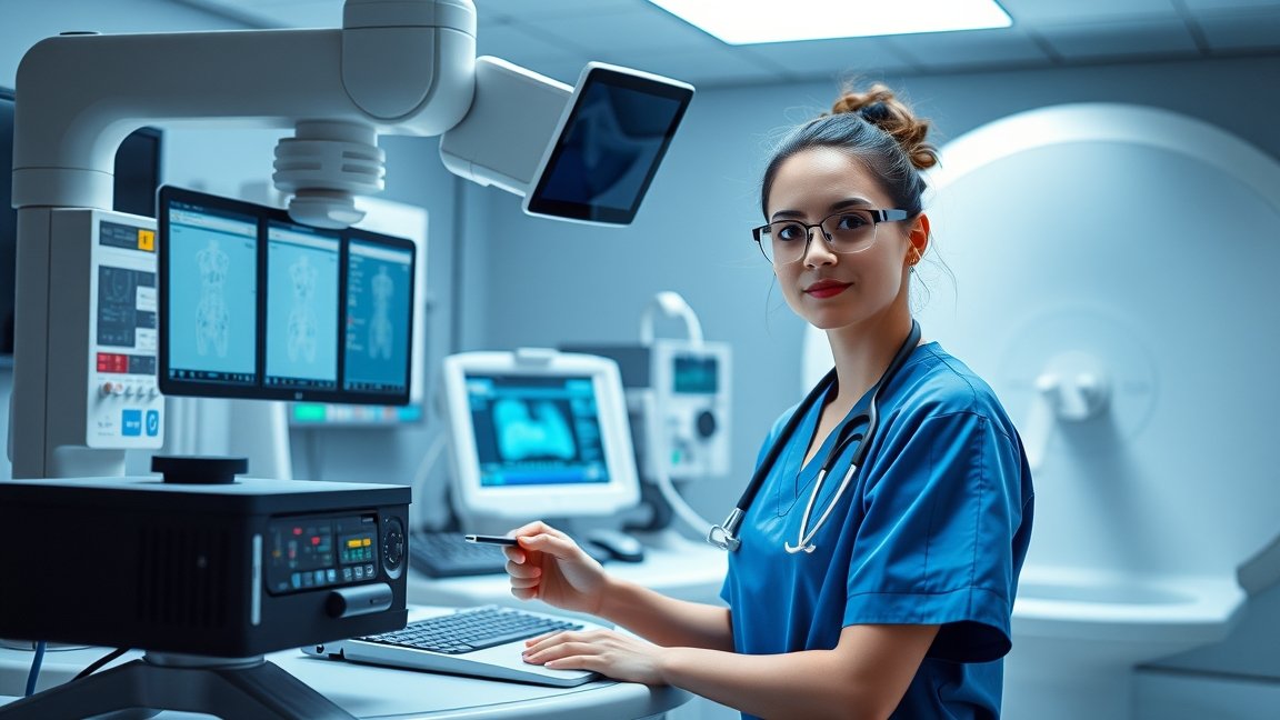 Röntgenasszisztens munka közben modern rendelőben.