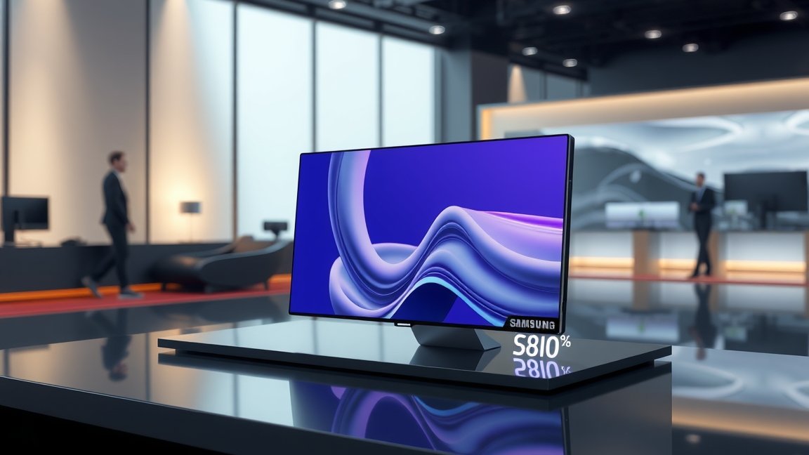 Samsung monitor kiállításon, háttérben üzlethelyiség