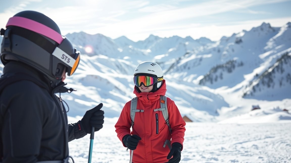 Kezdő síoktatás a hegyekben, különböző felszerelésben átszellemülten.