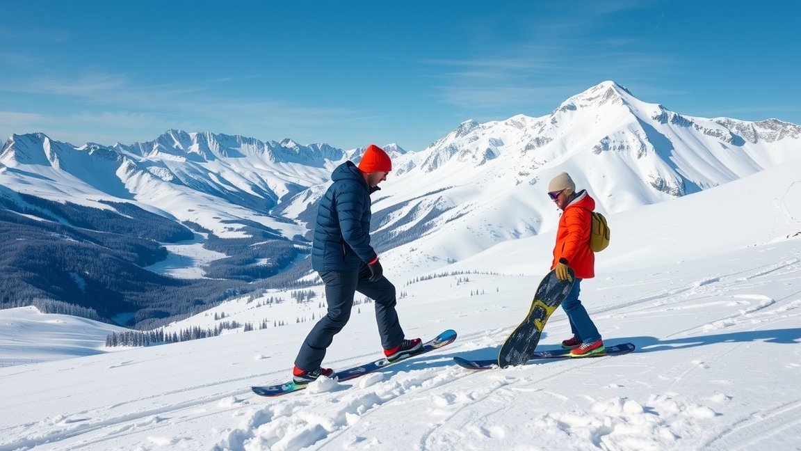 Két snowboardos a havas hegyekben, oktatás alatt.