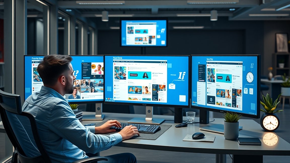 Social media manager dolgozik több monitor előtt egy modern irodában.