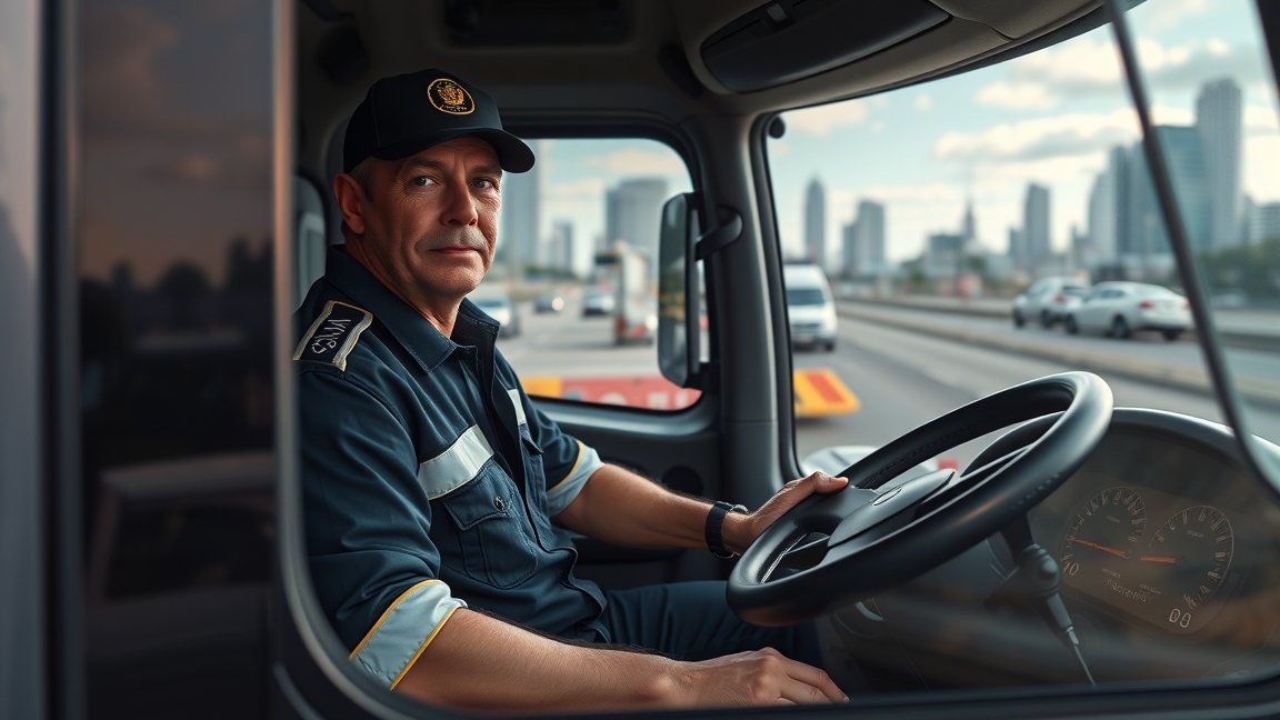 Sofőr a teherautóban városi környezetben