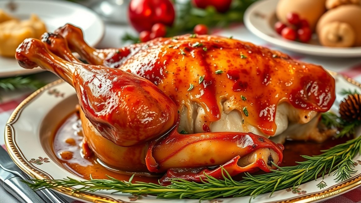 Fűszeres sült kacsacomb ünnepi tálon, ízletes étkezéshez.