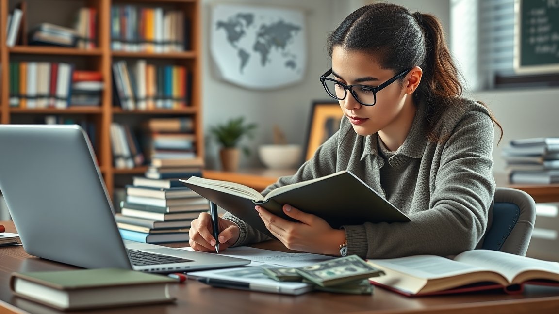 Diáklány szakdolgozatot ír könyvek és laptop segítségével.