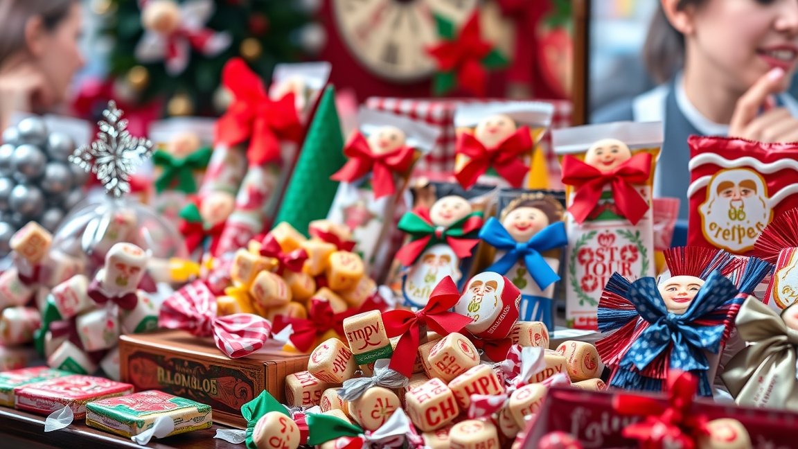 Szaloncukrok ünnepi asztalon karácsonyi dekorációval.