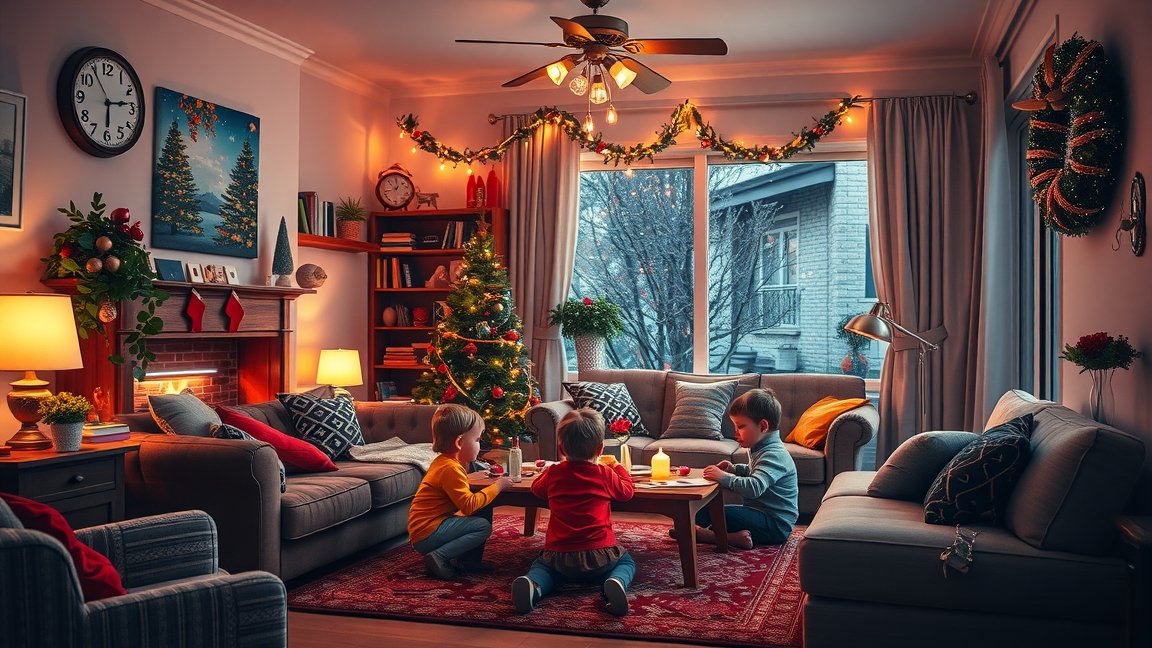 Gyerekek játszanak szilveszteri dekorációval díszített nappaliban.