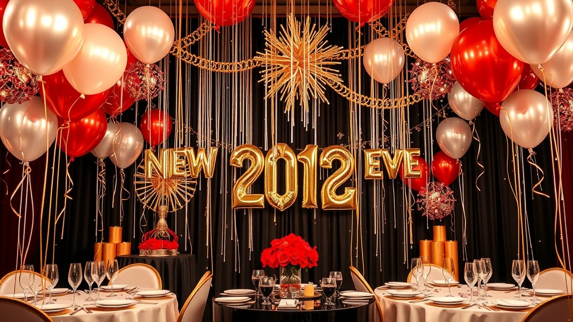 Szilveszteri dekoráció piros és ezüst lufikkal, fényfüzérekkel és ünnepi asztallal.