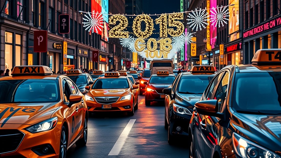 Szilveszteri taxisor a város szívében, fényekkel díszítve