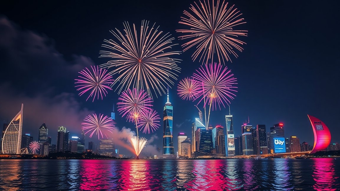 Szilveszteri tűzijáték élénk színekben egy városi háttér előtt