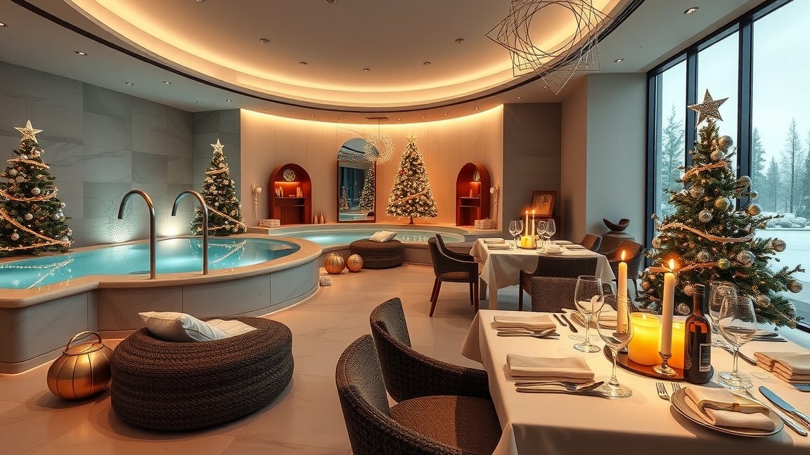 Karácsonyi wellness élmény medencével és ünnepi díszítéssel.