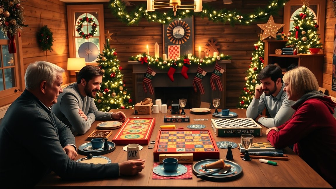 Ünnepi társasjáték est barátokkal egy díszített szobában