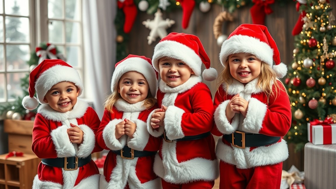 Boldog gyerekek télapóruhában ünnepi fotózáshoz.