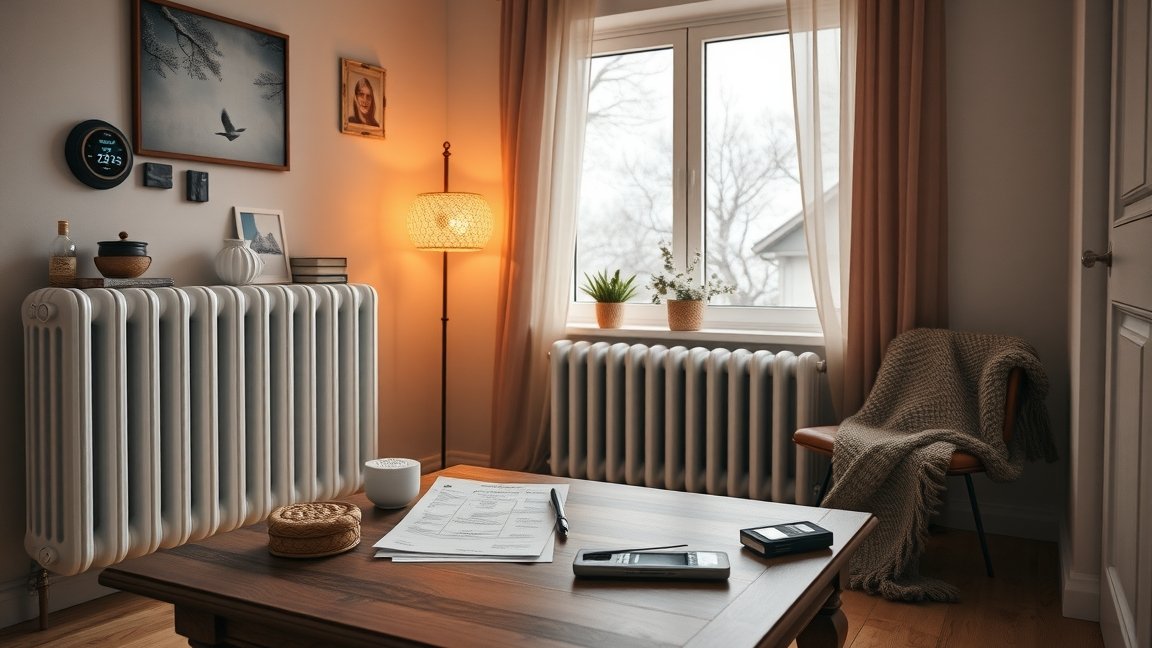 Téli fűtés egy elegáns lakásban, radiátor és kényelmes bútorok