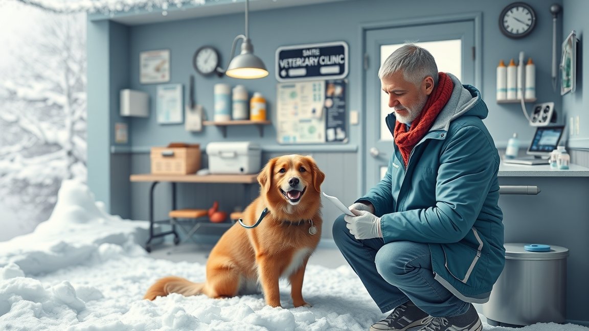 Állatorvosi rendelőben várakozó kutyus és gazdája télen.