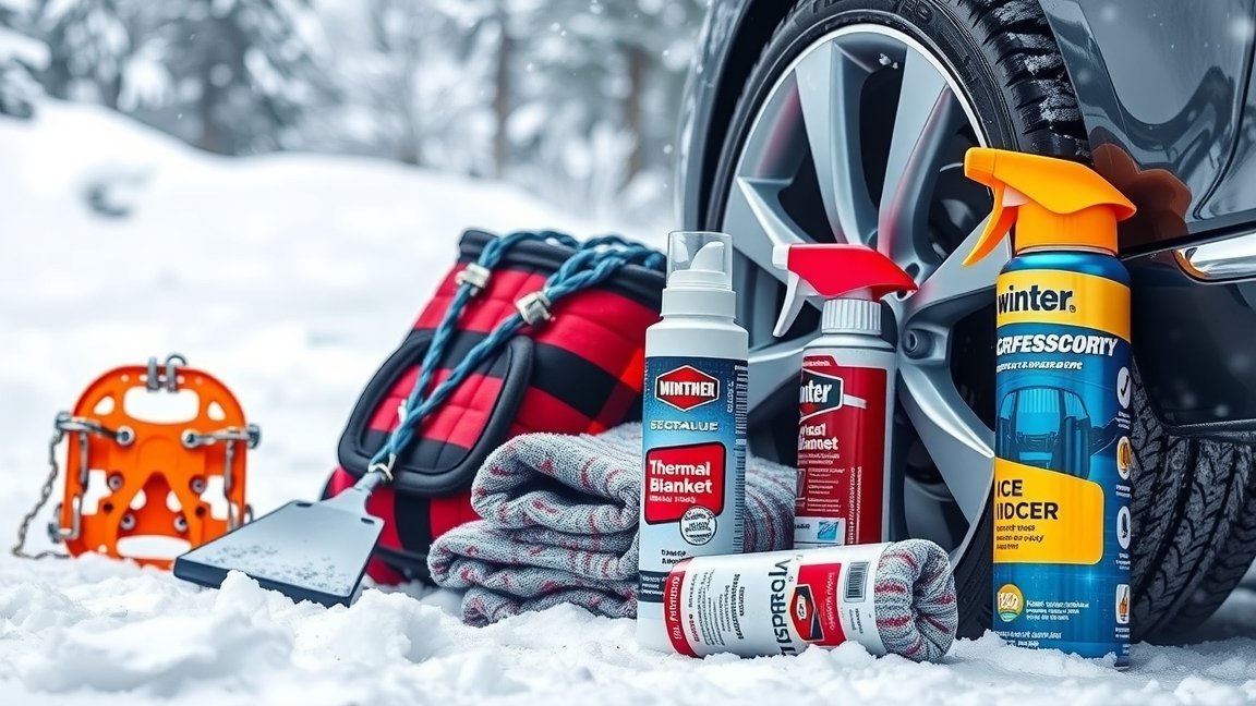 Téli autó kiegészítők hideg ellen: hólánc, jégkaparó, takaró.